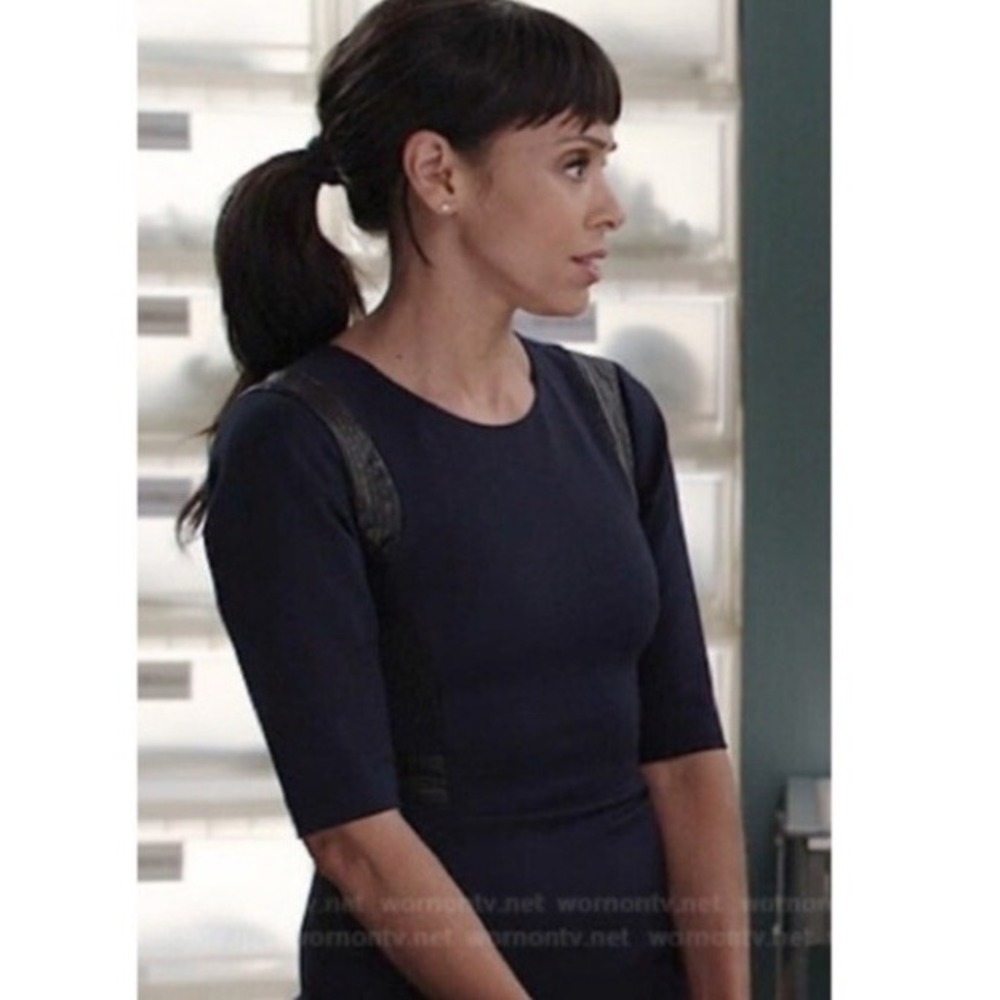 Rebecca Taylor Navy Faux Leather & Lace Sheath Dress Size 6 Midi 3/4 Sleeve